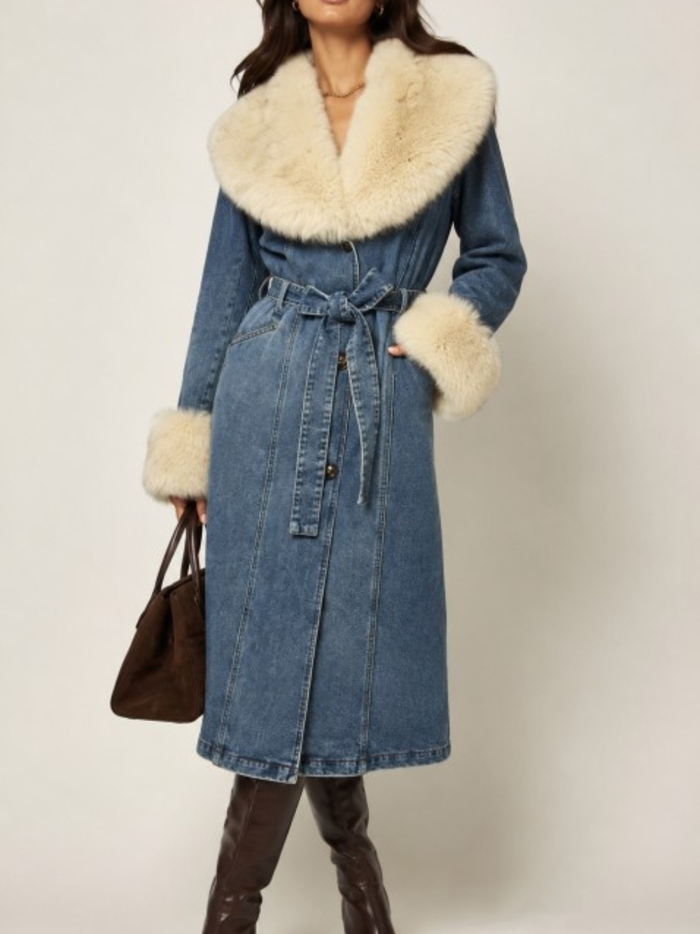 399. Women's Denim and Cream Faux Fur (removable) Trench Coat Luxurious Boho